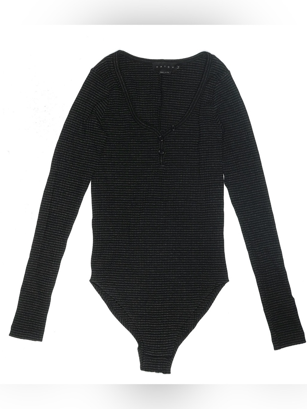 Hatch Black Ribbed Long-Sleeve V-Neck Henley Bodysuit